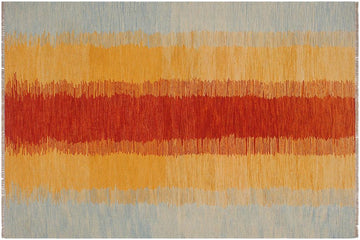Flat Weave Kilim, Antique, Navaho, Vintage, Handmade, Modern Kilim Rust Blue Hand-Woven Rectangle 100% Wool Area Rug 5 x 7